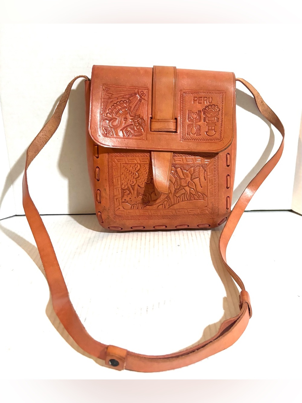 Handmade unisex Peru Hand-Tooled Tan Leather Crossbody Bag